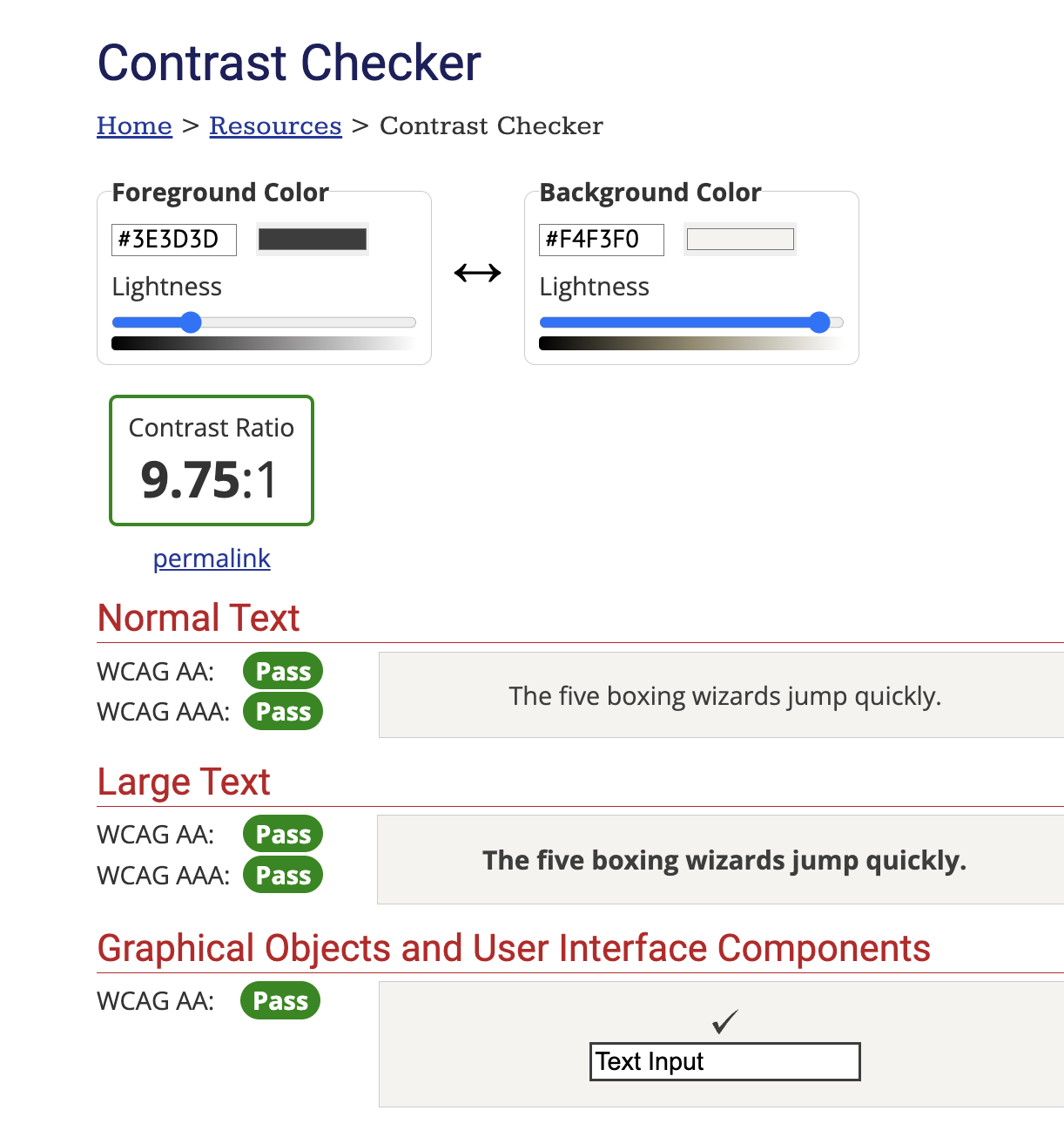 Results from WebAim’s contrast checker showing a colour combination with enough contrast to pass WCAG AA and AAA standards for normal text, large text and user interface components. 